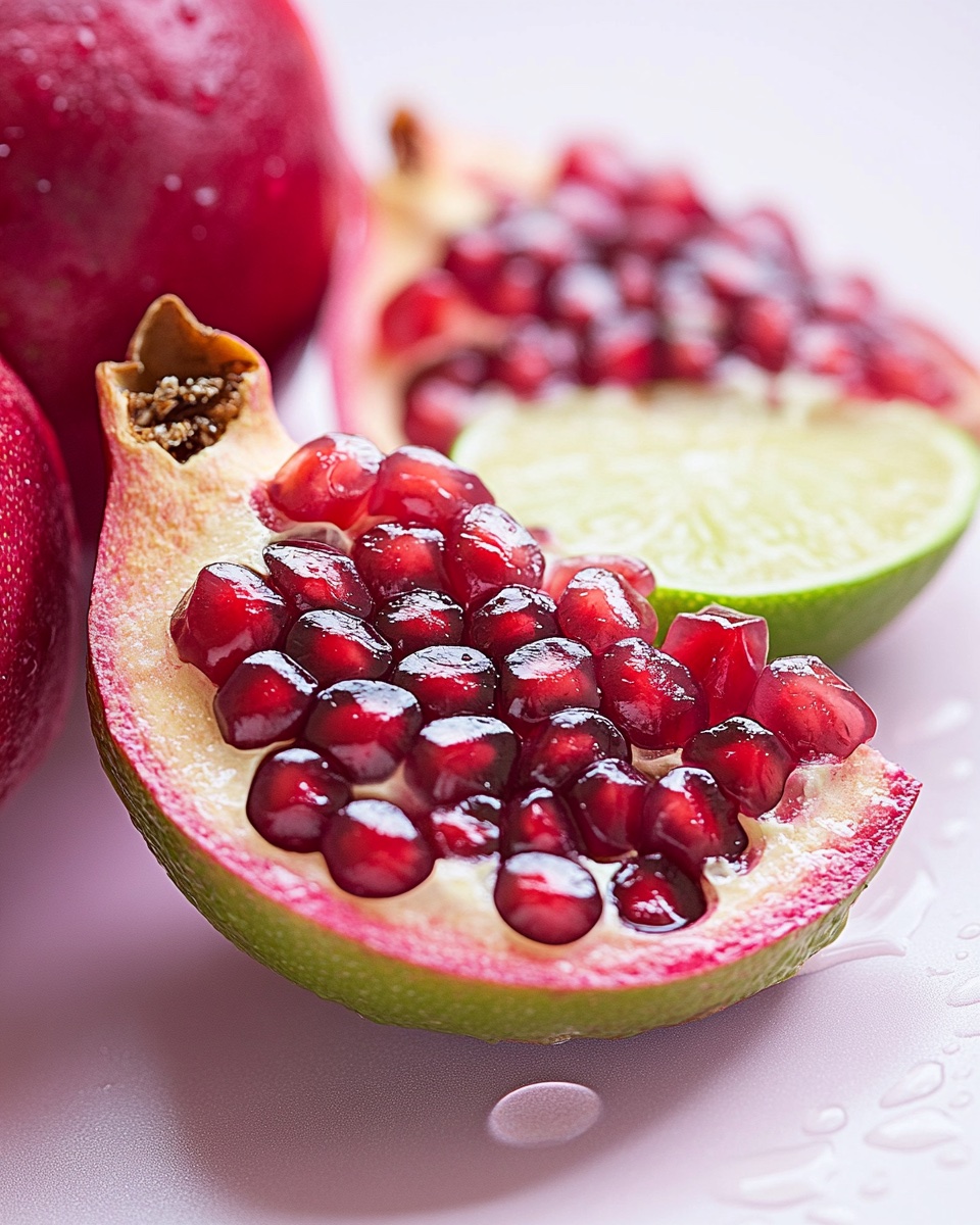Melograno aperto con lime su fondo chiaro