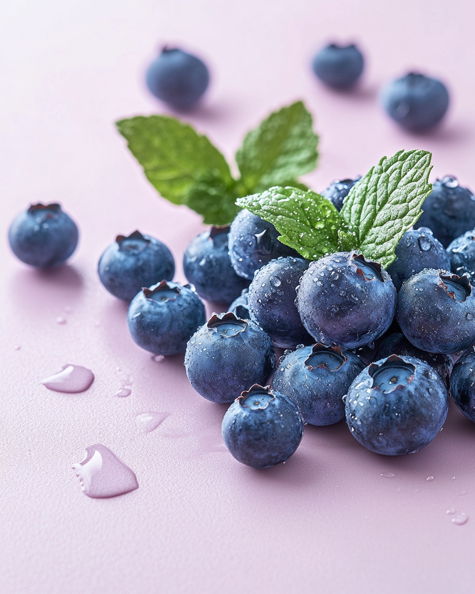 Mirtilli freschi con foglie di menta su fondo lilla