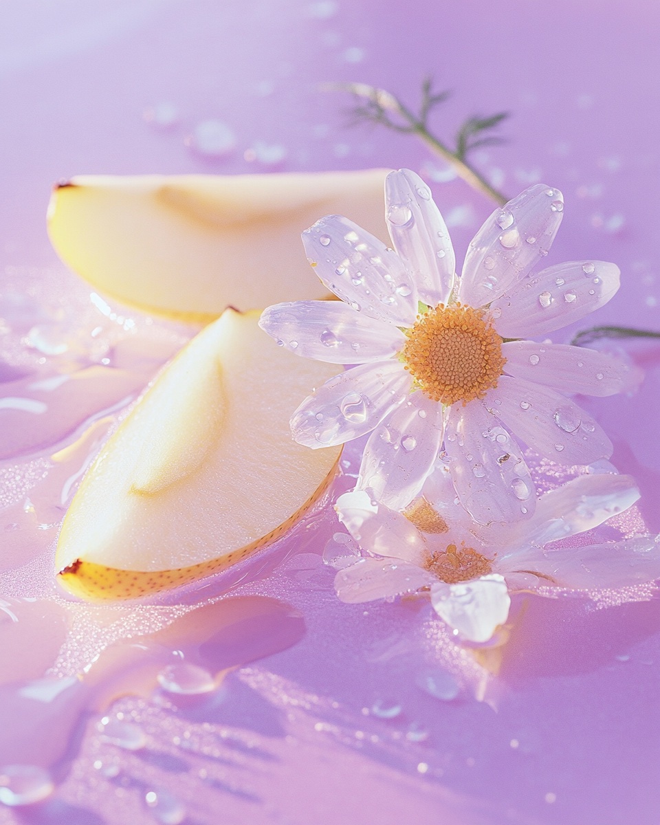 Spicchi di pera con fiori di camomilla su fondo lilla